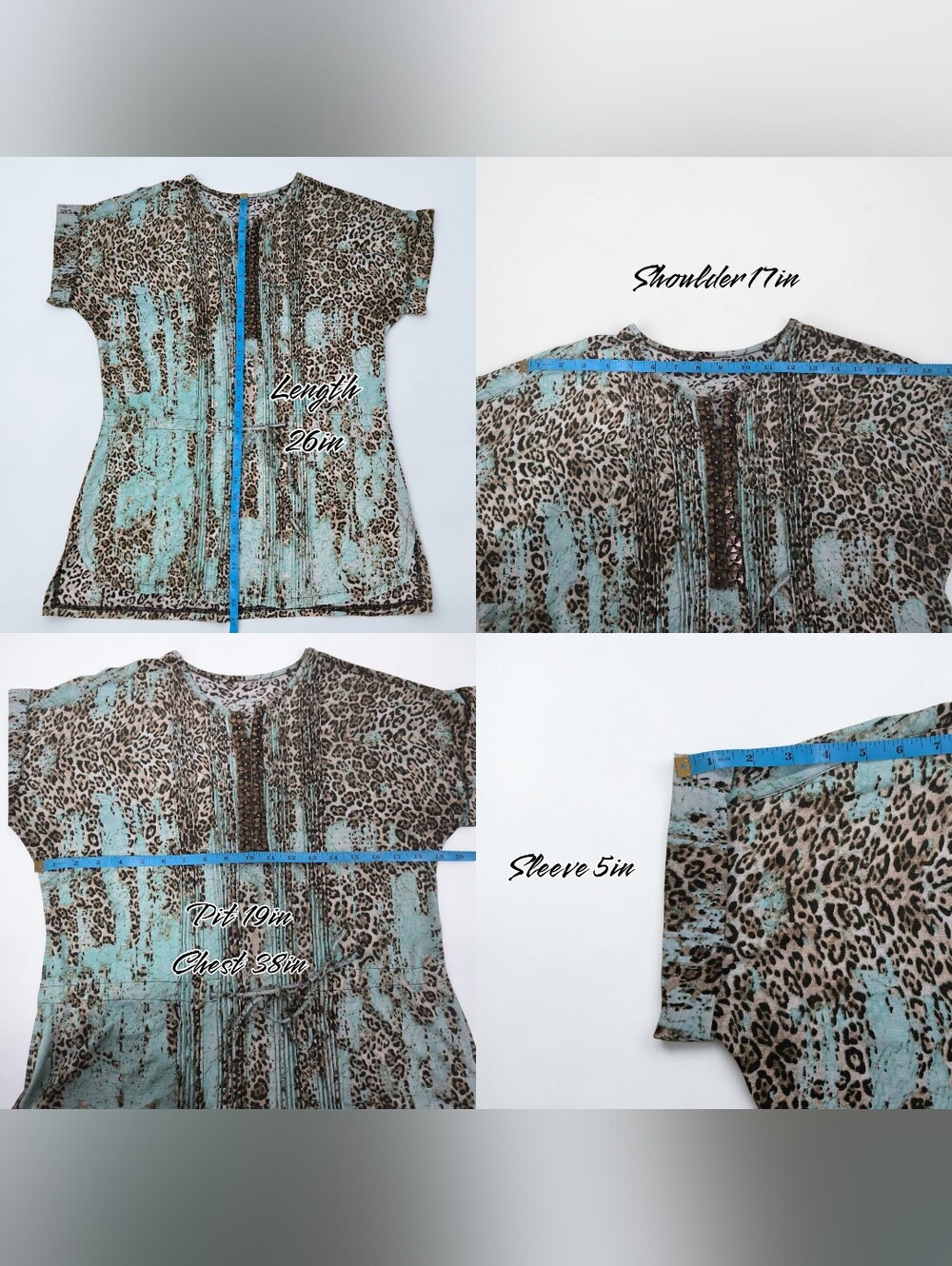 T Tahari Embellished Animal Print Tunic Drawstring Waist Blouse Size L (L032) - Picture 6 of 7